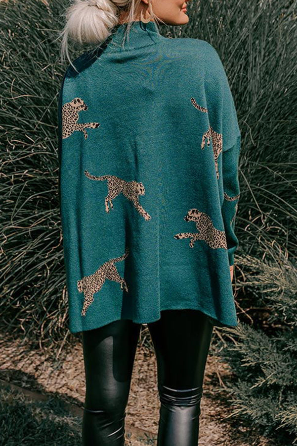 Leopard Print High Neck Relaxed Sweatshirt with Side Slit