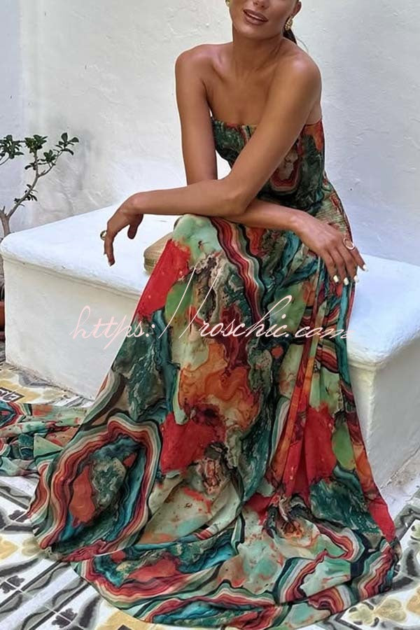 Colorful Lava Print Off Shoulder Smocked Maxi Dress