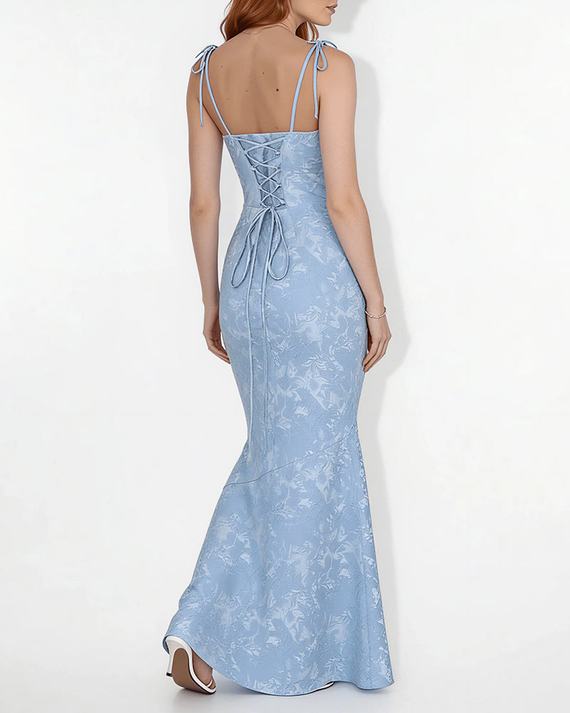 Lace Mermaid Tie-Strap Backless Maxi Dress