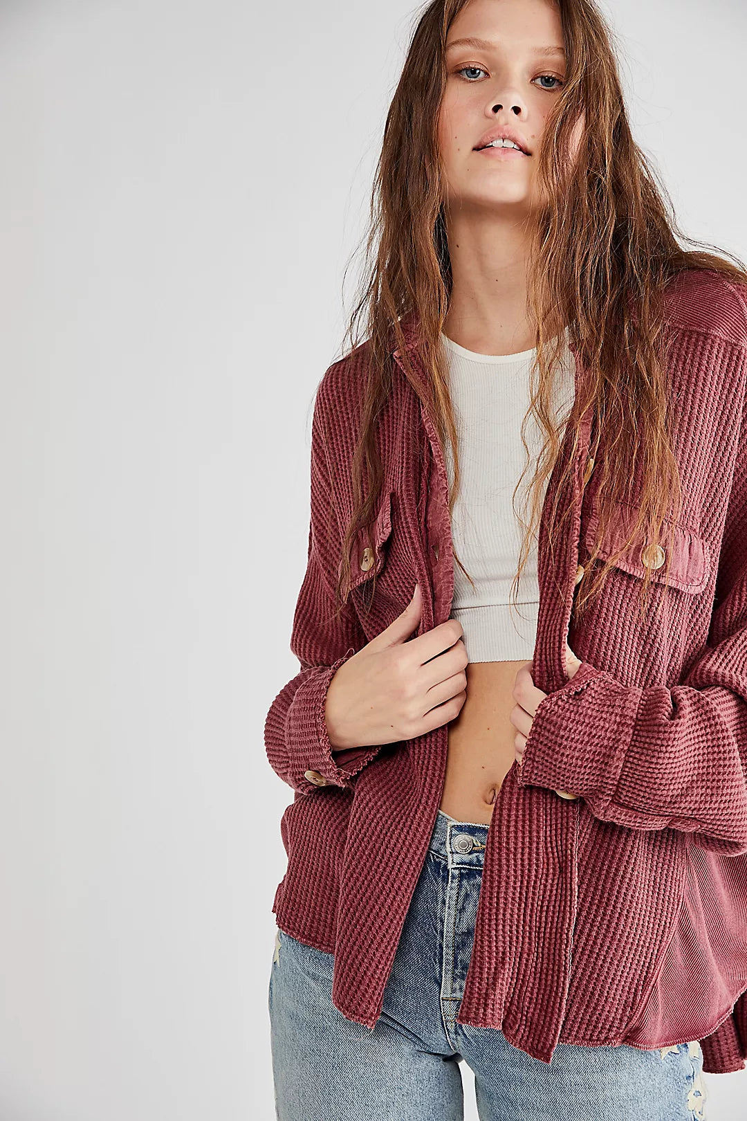 Women's Waffle Knit Shacket Batwing Sleeve Loose Fall Jacket Back to School