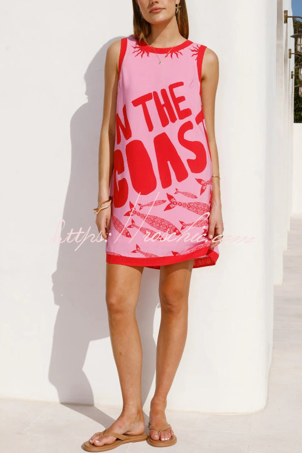 Printed Sleeveless Mini Dress with Pockets – Loose Fit