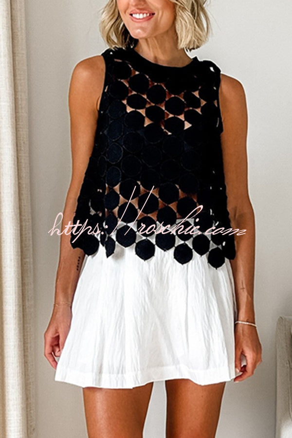 Sheer Embroidery Round Neck Sleeveless Tank Top