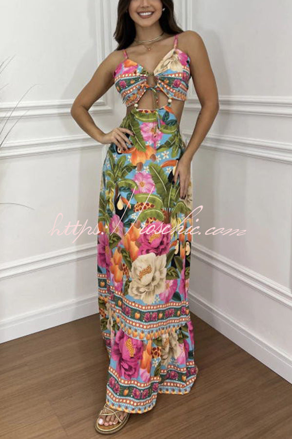 Tropical Print Maxi Dress - Lace-Up V Neck Vacation Dress