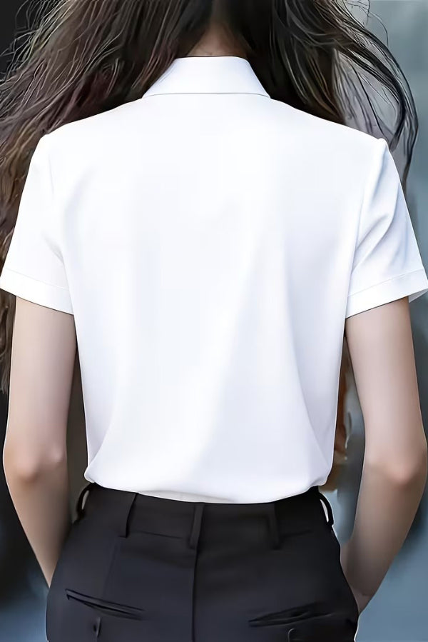 Tie-Neck Ruffle Collar Short Sleeve Shirt | Loose Fit Blouse