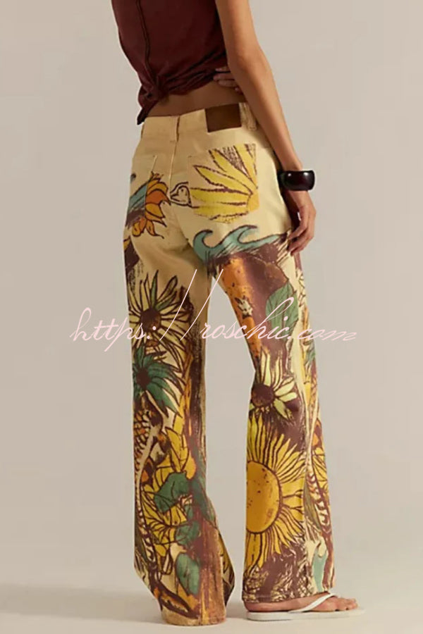 Doodle Print Wide Leg Jeans – Mid Rise, Loose Fit