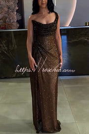 Sequin One Shoulder Ruched Maxi Dress with Slit