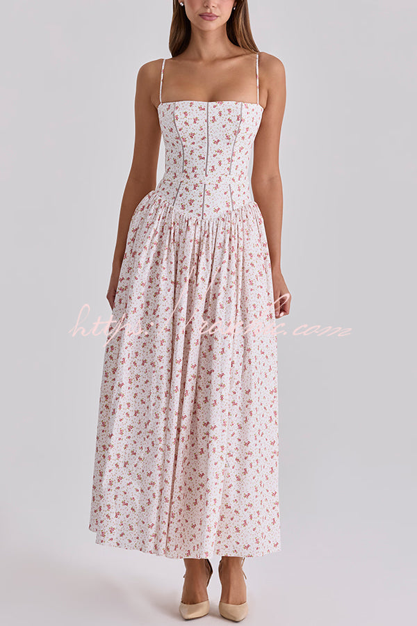 Robe midi en coton extensible à imprimé floral avec bordure en échelle