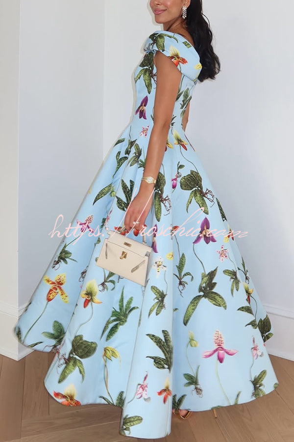 Floral Print V-Neck Short Sleeve Umbrella Hem Maxi Dress