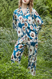 Blue & White Floral Print Long Sleeve Two-Piece Set