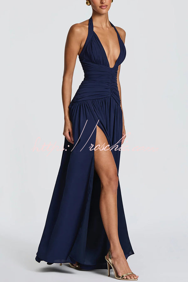 Chiffon Halter Maxi Dress with Lace-Up Back and Side Slit