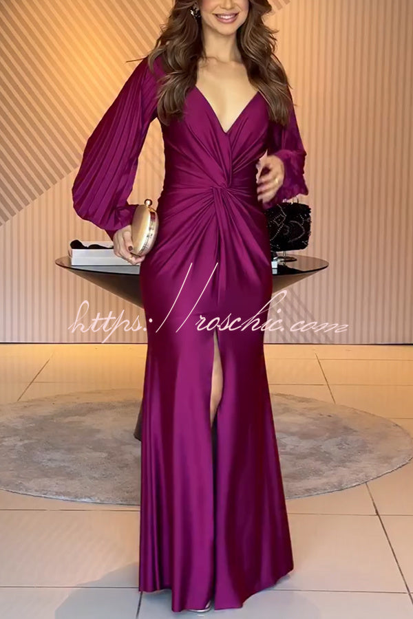 Satin Balloon Sleeve Twist Waist Maxi Dress with Slit