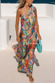 Satin One-Shoulder Maxi Dress – Rainbow Print Loose Fit