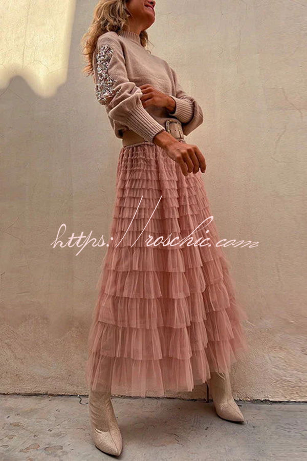 Tiered Tulle Maxi Skirt with Elastic Waist – Loose Fit