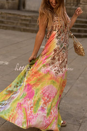 Robe longue ample bohème, col licou, sans manches, dos nu
