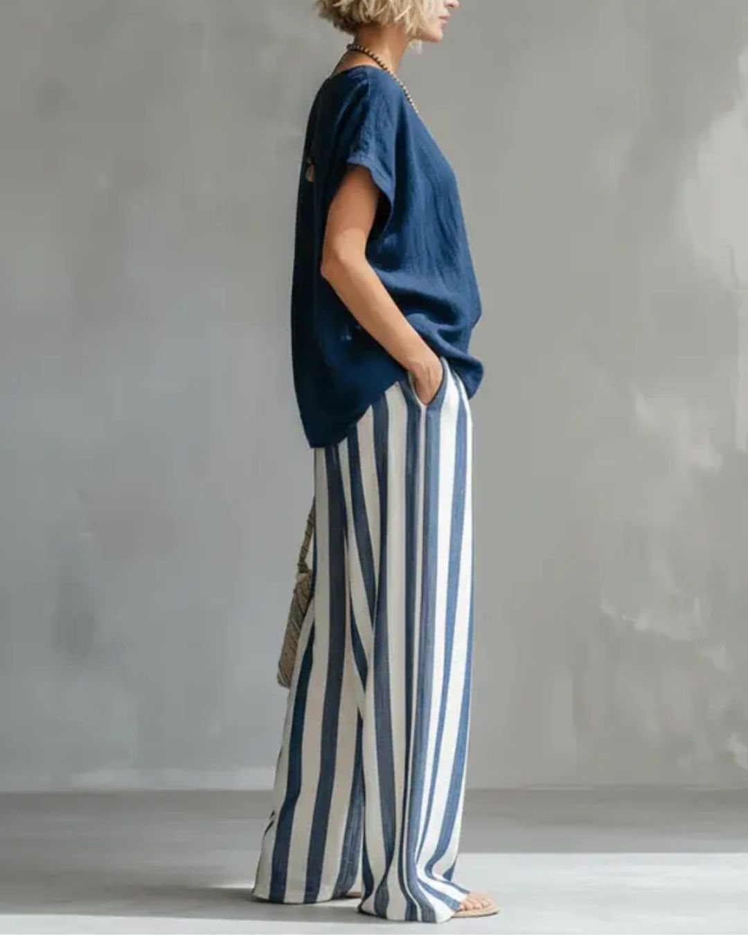 Cotton Linen Striped Two-Piece Set – Loose Fit Lounge Outfit