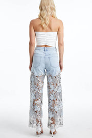 Lace Openwork Straight-Leg Jeans with Pockets