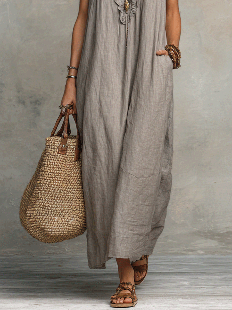 Boho Ruffle V-Neck Sleeveless Flowy Maxi Dress