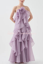 Rose Detail Tiered Ruffle Halter Maxi Dress