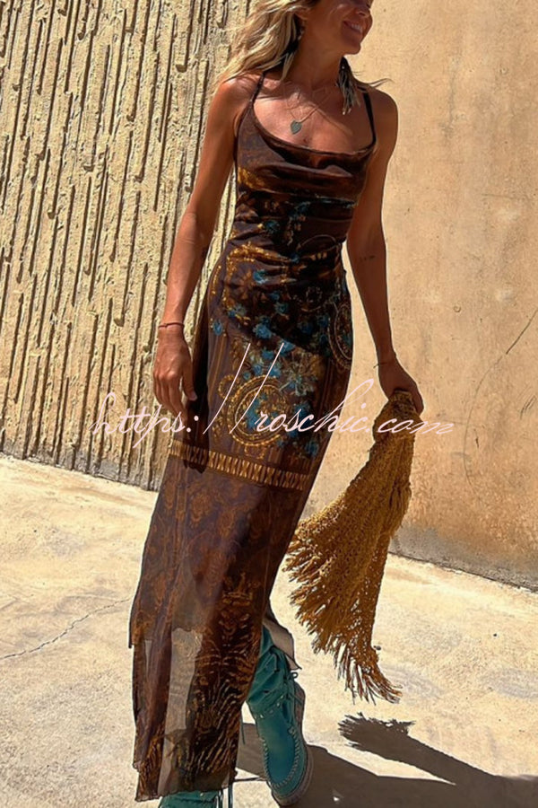 Robe midi imprimée à col bénitier et dos en dentelle – Coupe ample