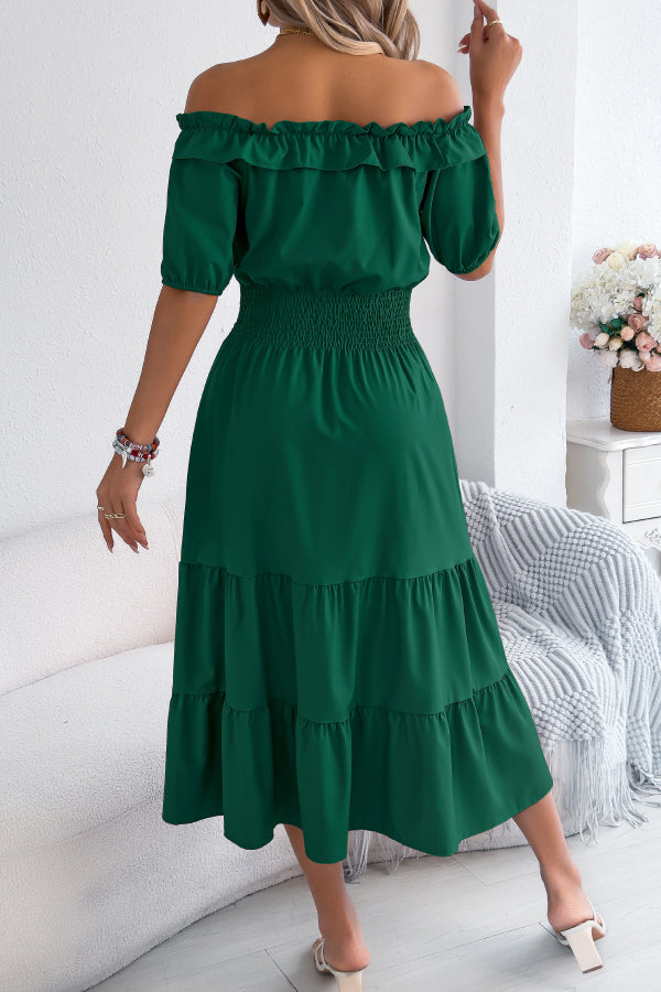 Robe midi plissée à épaules dénudées – Style vacances décontracté