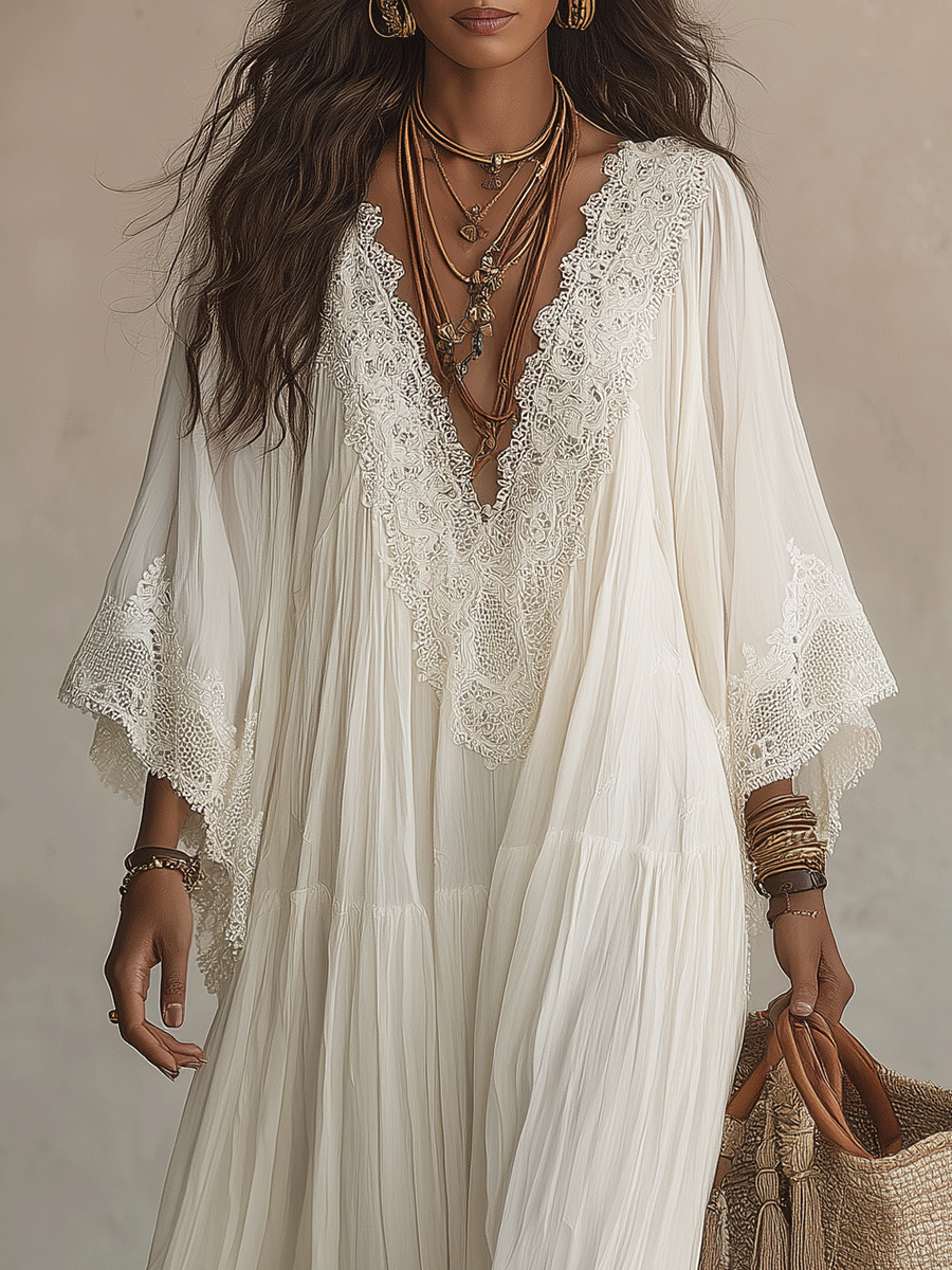 Cream White Boho Maxi Dress | Flowy Tiered Vacation Dress