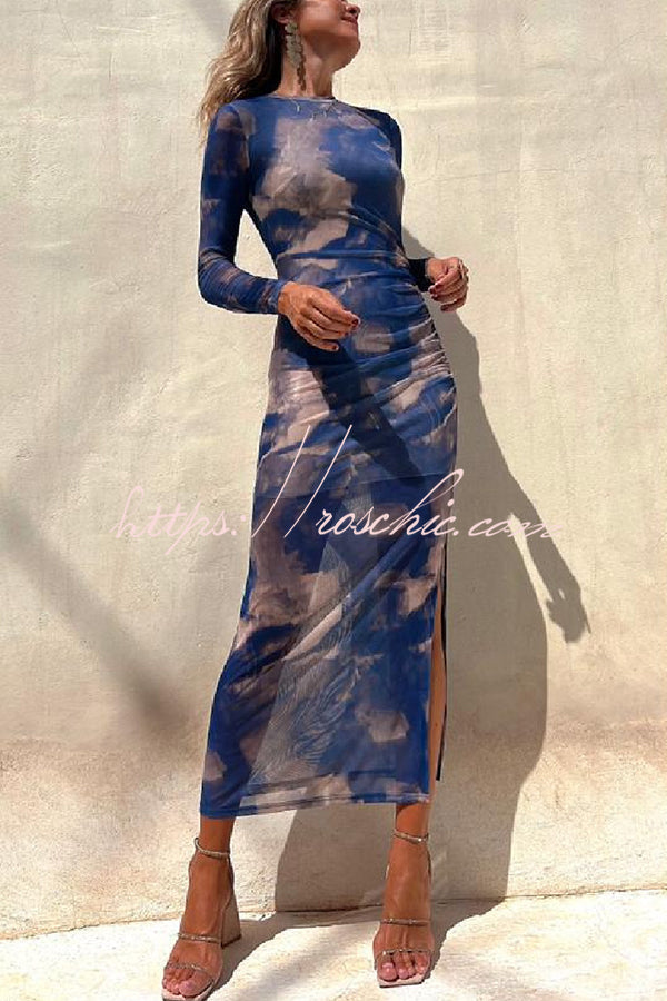 Mesh Overlay Tie Dye Long Sleeve Ruched Midi Dress