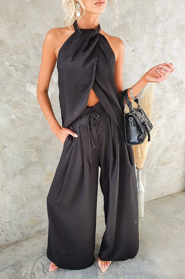 Linen Blend Sleeveless Top & Wide Leg Pants Set