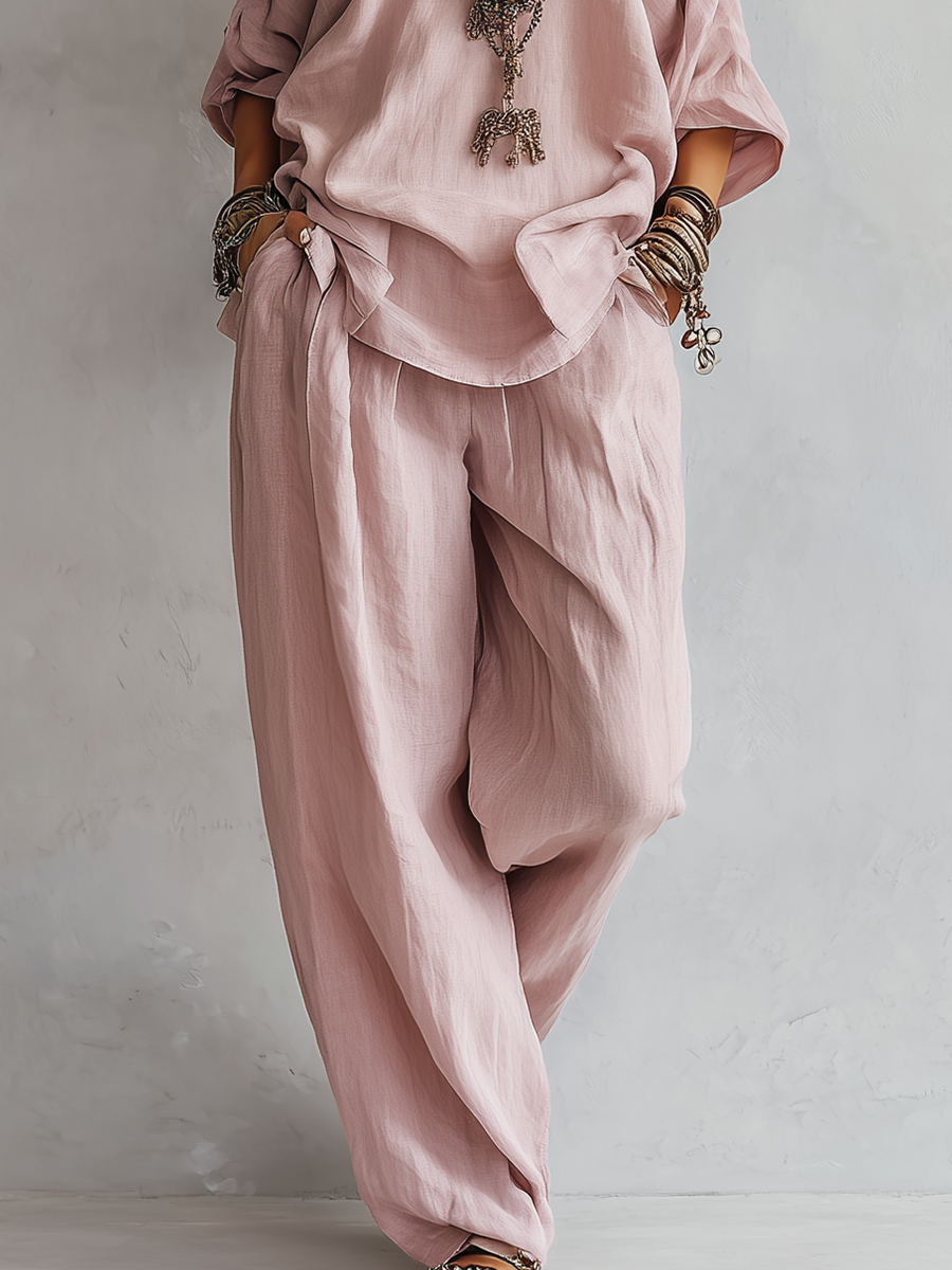 Light Pink Linen Wide-Leg Pants Set for Women