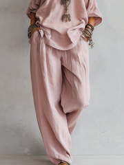 Light Pink Linen Wide-Leg Pants Set for Women