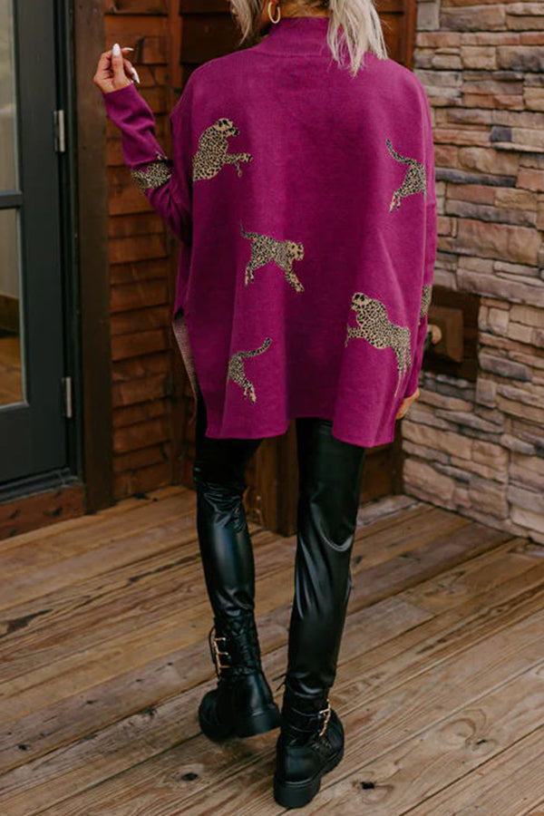 Leopard Print High Neck Relaxed Sweatshirt with Side Slit