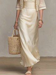 Ivory Satin Embroidered Maxi Dress Set | Resort Wear