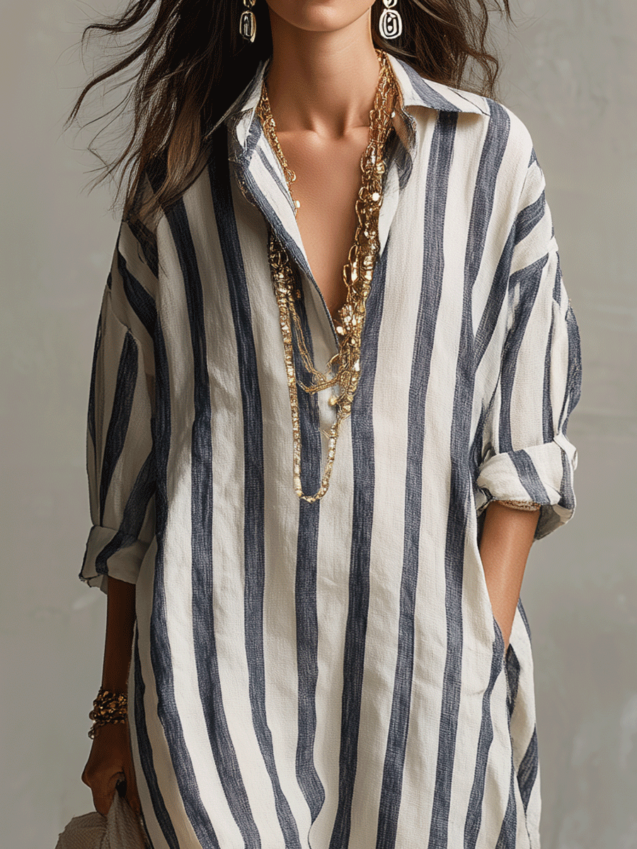 Striped Bohemian Maxi Dress with Button-Down Shirt Front