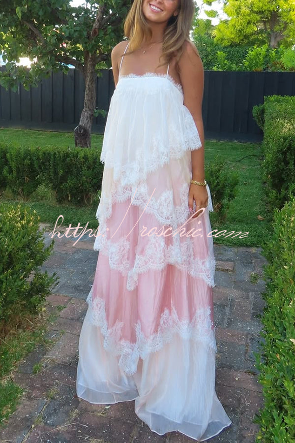 Gradient Lace Trim Tiered Maxi Dress with Adjustable Straps