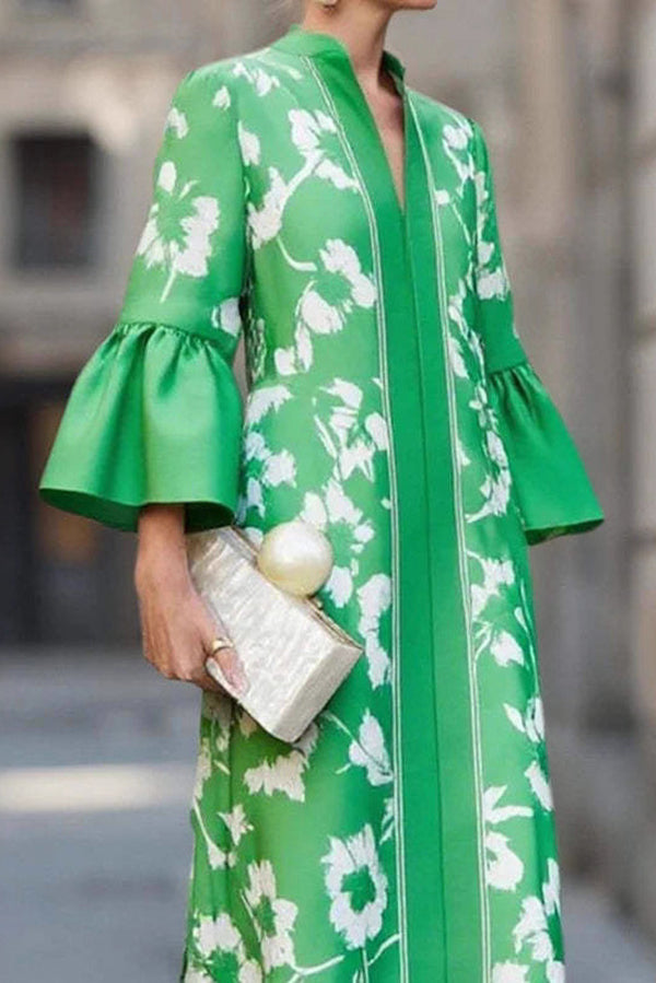 Printed Loose V-Neck Maxi Dress – 3/4 Sleeve Vacation Wear