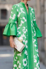 Printed Loose V-Neck Maxi Dress – 3/4 Sleeve Vacation Wear