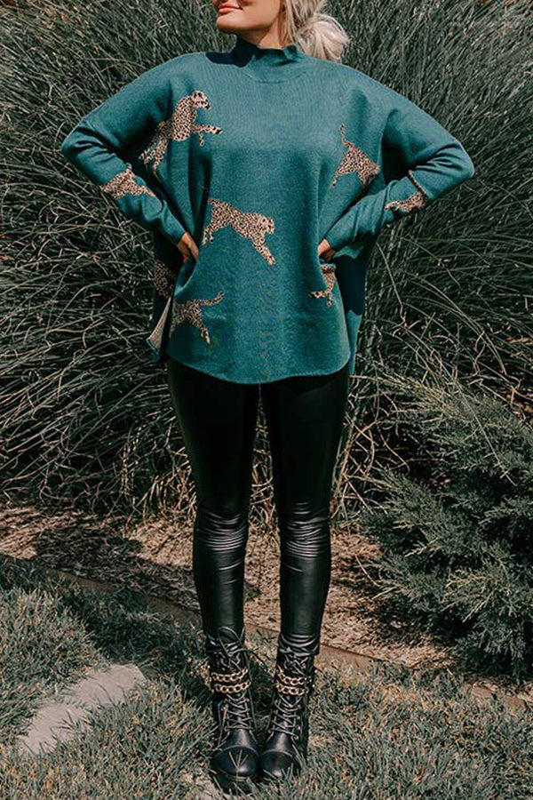 Leopard Print High Neck Relaxed Sweatshirt with Side Slit