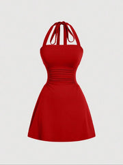 Women's Plain Ruched Tie Back Halter Dress, Casual Chic Sleeveless A Line Short Dress for Summer, Ladies Clothes for Daily Wear