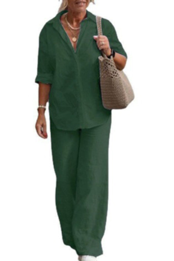 Knit Long Sleeve Shirt & Wide-Leg Pants Set – Casual Loose Fit