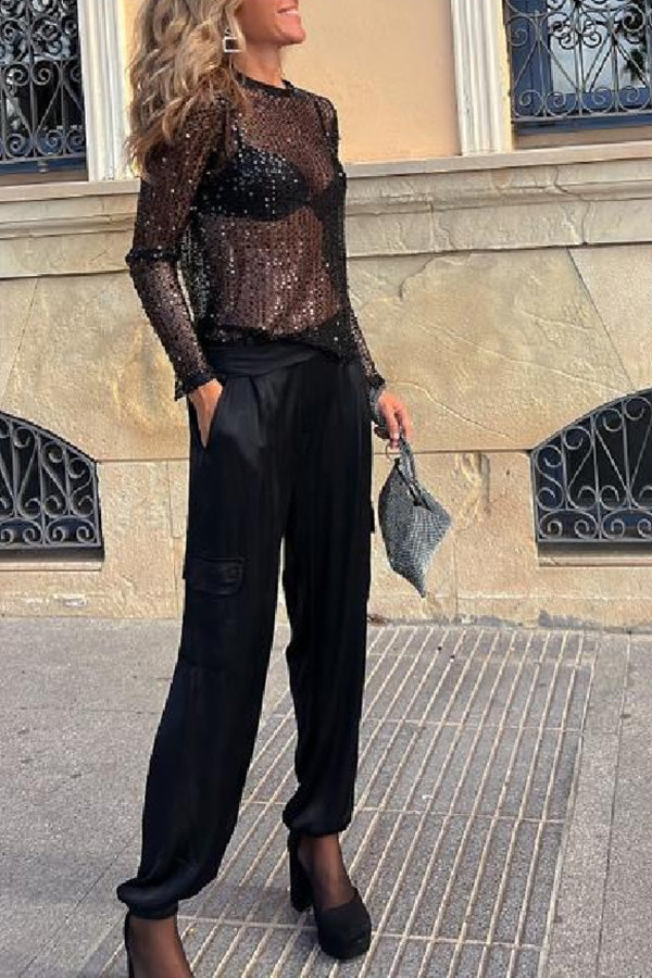 Sequin Long Sleeve Shift Blouse – Loose Fit Party Top