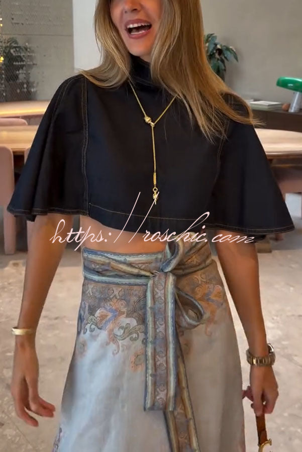 Denim Mock Neck Flutter Sleeve Crop Top | Vacation Style
