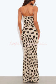 Leopard Polka Dot Chiffon Slip Maxi Dress with Detachable Scarf