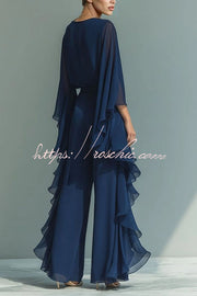 Midnight Blue Wide-Leg Pantsuit with Ruffled Overlay