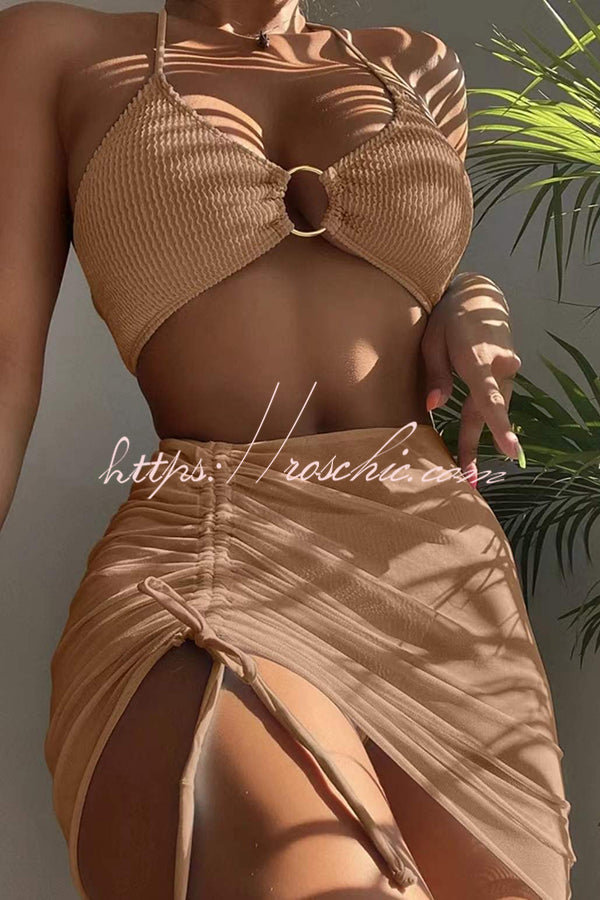 Spaghetti Strap Pleated Three-Piece Swimsuit Set