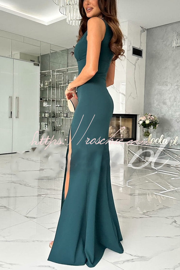 V-Neck Ruched Slit Maxi Dress for Parties