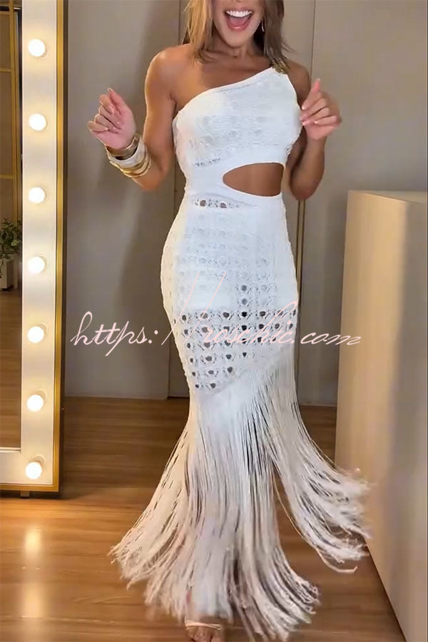 One Shoulder Knit Maxi Dress with Cutout Waist & Tassel Hem