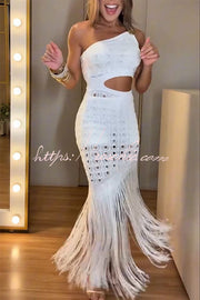 One Shoulder Knit Maxi Dress with Cutout Waist & Tassel Hem