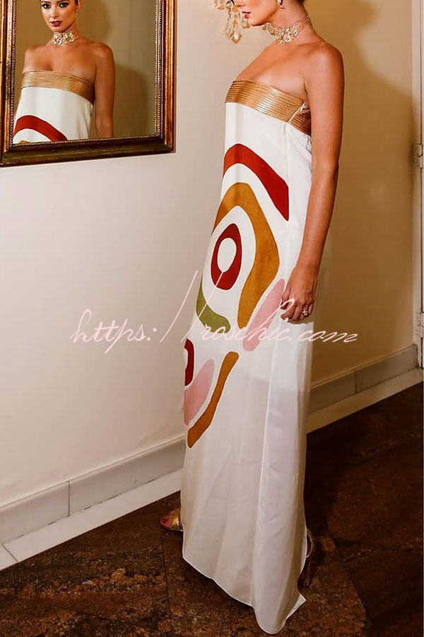 Pleated Print Strapless Maxi Dress with Metal Collar