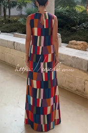Linen Blend Color Block Plaid Sleeveless Maxi Dress