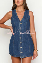 Sleeveless V-Neck Denim Mini Dress with Button & Tie Detail