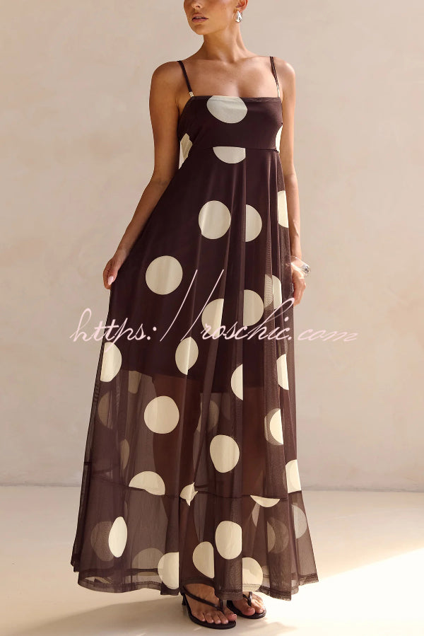 Polka Dot Mesh Maxi Dress | Spaghetti Strap Square Neck